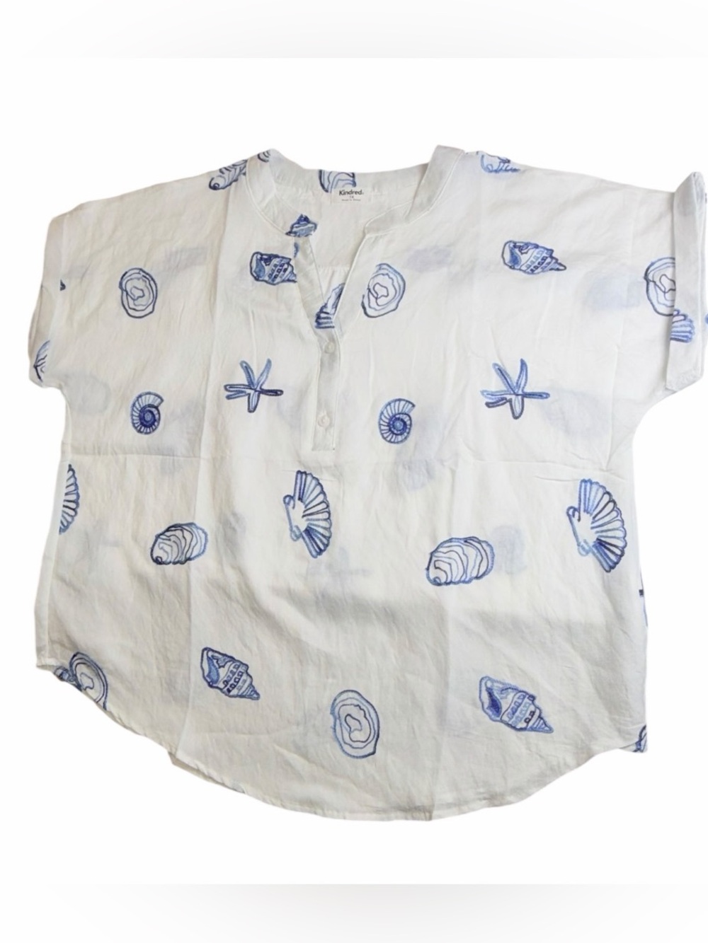 Kindred 1X Coastal Seashell Print Tunic Blouse White Blue NWT Beachy Summer - Picture 4 of 8